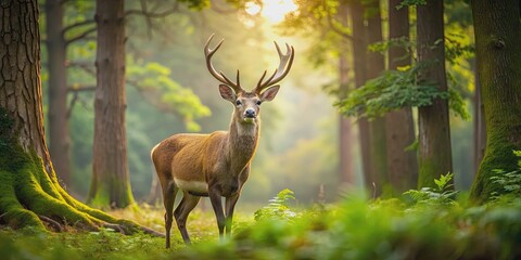 Deer standing peacefully in a lush forest, wildlife, nature, animal, woodland, tranquility, peaceful, majestic