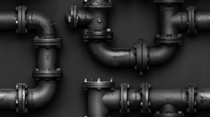 seamless pattern, Industrial metal pipes system against a dark background, showcasing intricate plumbing and engineering craftsmanship.