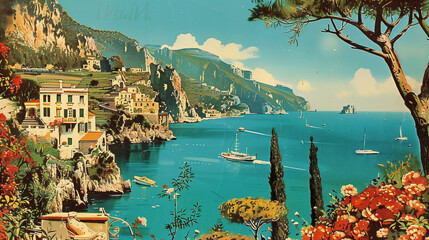 retro italian landscape vintage postcard from sunny italy 1970 vibe