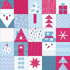 Obraz premium Christmas, New Year, Winter Holidays. Patchwork Background. Decorative Abstract Geometric Mosaic Pattern in Folk Style. Seamless Quilting pattern. Vector graphics.
