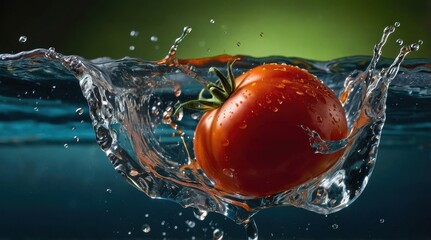 Close-up of a red tomato splashing into clear water, captured mid-motion, against a green and black blurred background.