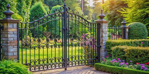Decorative wrought-iron fence and gate in a garden, wrought iron, decorative, fence, gate, ornate, metal, vintage