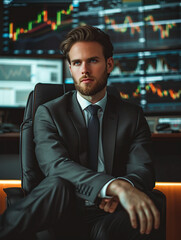 Fototapeta premium A business man sits in a chair with a trading screen in the background