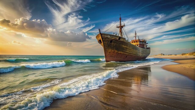 Greek ship washed up on the shores of Kish Island, Iran , abandoned, shipwreck, stranded, beach, Kish Island, Iran, Mediterranean