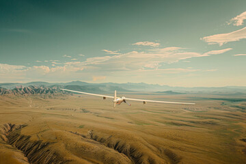 Exploring a vast landscape with a fixed-wing drone, showcasing its efficiency and long-range capability in aerial surveys and geographic mapping for precise environmental analysis.