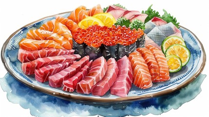 Colorful Assorted Sushi Platter with Fresh Sashimi, Nigiri, and Garnishes on a Ceramic Plate