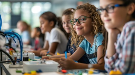 Fototapeta premium Diverse children stem learning activity classroom. AI generated