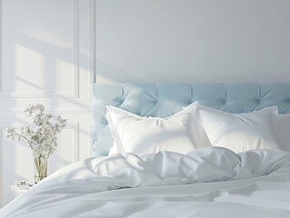 White bed with white pillows and duvet on the side, close up, in bedroom with light blue headboard against white wall background