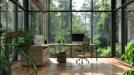 Modern corporate office open space with forest outside the window. Calming and productive workspace for modern lifestyle.