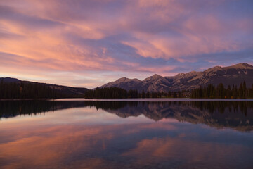 Beautiful Sunset at Lac Beauvert in Jasper