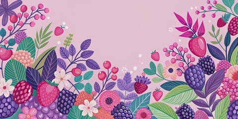 Colorful of berries, flowers, and leaves in a flat style with pink and purple tones, berries, flowers, leaves, colorful