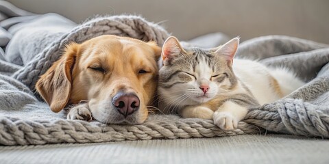 Dog and cat peacefully sleeping together on a cozy blanket , pet, animals, friendship, cuddling, harmony, peaceful, domestic