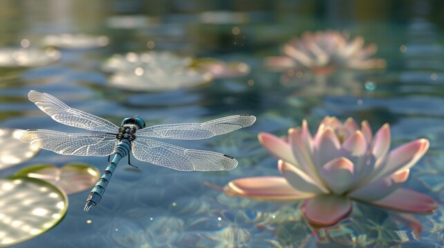 A whimsical 3D clipart of a dragonfly hovering over a pond