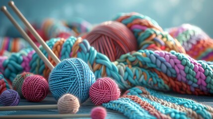 A cozy 3D clipart of a knitting project with yarn and needles