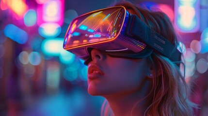 Woman Exploring a Neon Virtual World