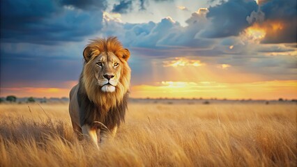 Majestic lion roaming through the savanna in Africa, Wildlife, predator, safari, carnivore, feline