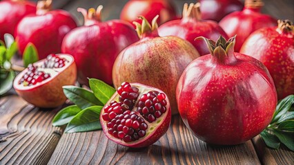 Close up of fresh pomegranates on a table ready to be juiced, pomegranate, fruit, red, fresh, juicy, healthy, antioxidant, vitamins