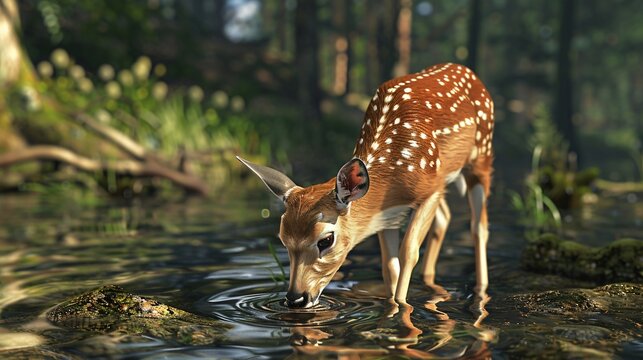 A Peaceful 3D Clipart Of A Deer Drinking From A Stream