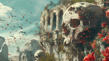 a beautiful poster that advertises fantasia simal, in the style of fantastical compositions, realistic, detailed rendering, vanitas, monumental scale, scattered com 