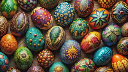 Vibrant collection of intricately designed Easter eggs celebrating the beauty of nature , Easter, eggs, jewels, art