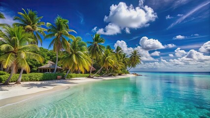 Obraz premium Tropical resort with palm trees, white sand beach, and clear blue water, tropical, resort, palm trees, sandy beach, vacation