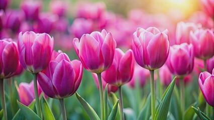 Fototapeta premium Vibrant pink tulips in full bloom , spring, flowers, floral, garden, nature, petals, pink, vibrant, colorful, fresh