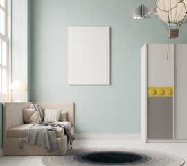 Mock up poster in children bedroom interior background, scandinavian style, 3D render
