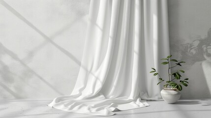 Mock up template of white abstract cotton towel on fabric background with artistic grey wale linen canvas texture and space for text decoration