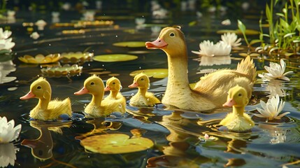 A charming 3D clipart of a family of ducks swimming