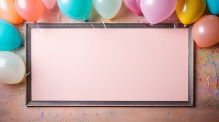 Colorful balloons surrounding a blank pink frame on a wooden background, ideal for party invitations, festive announcements, or celebratory messages.