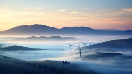 Fototapeta premium Majestic sunrise over misty hills with a wind turbine standing tall in the distance, blending nature and renewable energy beautifully.