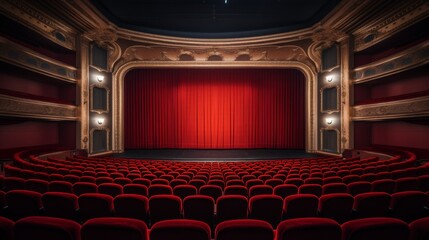 Fototapeta premium Elegant and empty theater with red seats and a grand stage adorned by a red curtain, ready for an upcoming performance.