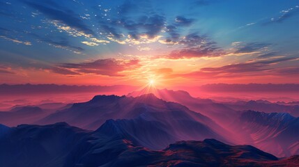 A serene 3D clipart of a sunrise over a mountain range