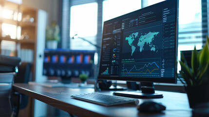 computer screen on table displaying data with digital clock, in the style of commission 