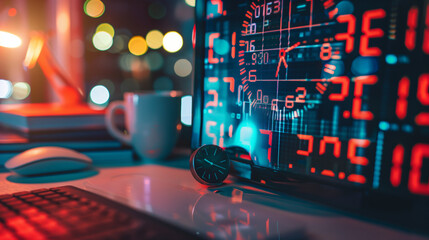 computer screen on table displaying data with digital clock, in the style of commission 