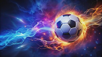 Naklejka premium Soccer ball with flames and lightning flying on night sky, blue and purple wave and black background, energy explosion, Soccer