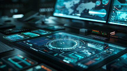 computer screen on table displaying data with digital clock, in the style of commission 