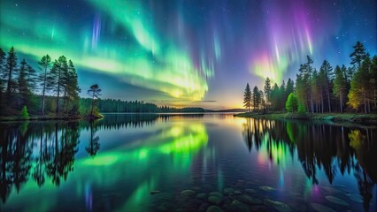 Naklejka premium Night view of northern lights over a tranquil forest by the lake, nature, forest, lake, aurora borealis, northern lights
