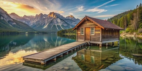 Naklejka premium Small cabin by the lake with a wooden dock and mountains in the background, cabin, lake, dock, mountains, water, nature
