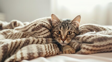 Kitty Laying on Bed with Blanket in a Cozy Room