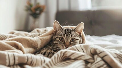 Kitty Laying on Bed with Blanket in a Cozy Room