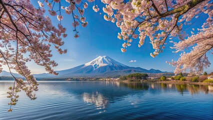Fototapeta premium Sakura trees lining the northern shore of Lake Kawaguchi with Mt. Fuji in the background, sakura, cherry blossoms, trees