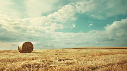 Field landscape with haystacks under the sky Agricultural concept shown in toned photograph with space for text