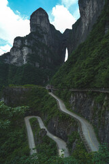 Zhangjiajie Top view or Tianmenshan aerial view National Forest Park China, Mountain fog or mist view heritage sightseeing, extreme, road way to the nature, greenery scenic, cliff mount, earth day.