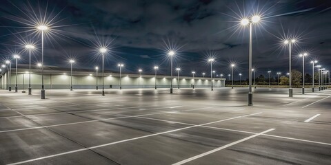 Empty parking lot illuminated with dim lights at night , night, dark, empty, quiet, car park, transportation