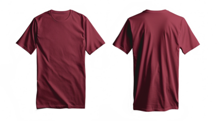 Maroon Red T-Shirt Front and Back Mockup on Transparent Background PNG - Shirt Clothing Fashion Blank Template Design Clothes Cotton Clothes Plain Textile Wear Top Tee
