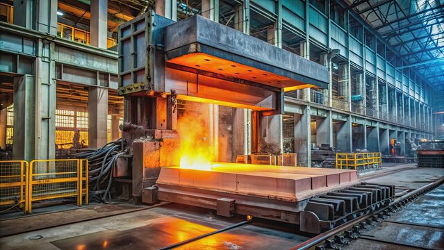 Large-capacity steel ingot being processed on a forging press in a metallurgy production plant, steel