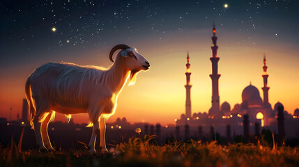 Obraz premium Goat Silhouette Against the Grand Mosque at Sunset