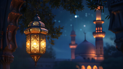 Obraz premium Ramadan Lantern and Mosque at Night