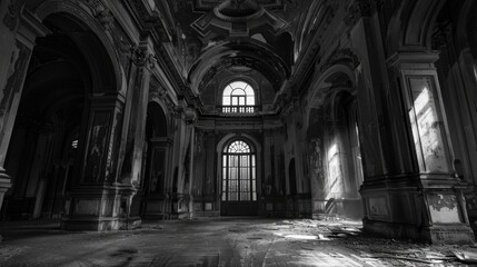 Obraz premium Exploring abandoned palace with neoclassical architecture in black and white